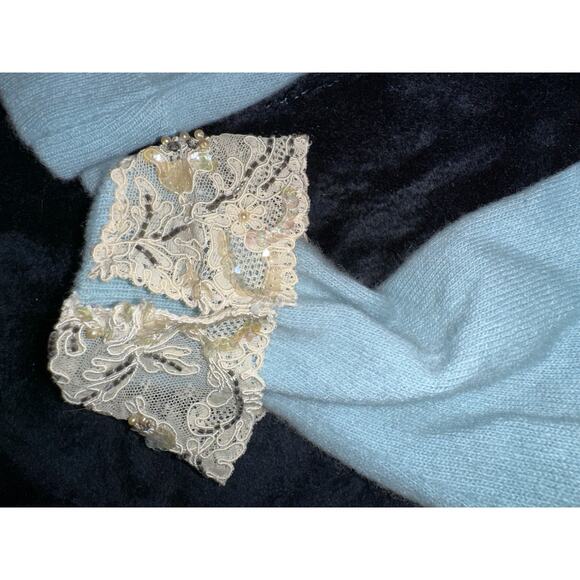 VINTAGE LACE PEARL BEADED COLLAR RHINESTONE BUTTON CASHMERE CARDIGAN SWEATER - Picture 9 of 10